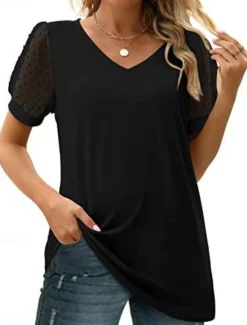 Hot Women's T Shirt Plain Fashion Modern Casual Short Sleeve V Neck Regular Tops Daily Weekend Lace Patchwork Black White Summer Spring Women Lace Tops