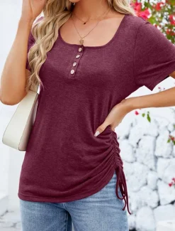 Clearance Women's T Shirt Plain Fashion Modern Casual Short Sleeve Square Neck Regular Tops Daily Weekend Buttons Black Pink Wine Summer Women T-Shirts
