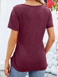 Clearance Women's T Shirt Plain Fashion Modern Casual Short Sleeve Square Neck Regular Tops Daily Weekend Buttons Black Pink Wine Summer Women T-Shirts