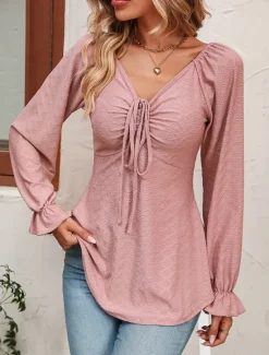 Sale Women's T Shirt Plain Fashion Modern Casual Long Sleeve V Neck Regular Tops Daily Weekend Smocked Fall Winter Women Blouses & Shirts