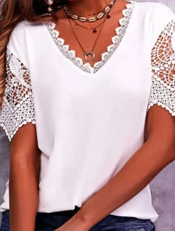 Discount Women's T Shirt Plain Fashion Modern Casual Short Sleeve V Neck Regular Tops Daily Going out Weekend Lace Patchwork Eyelet White Pink Purple Light Blue Summer Spring Women Lace Tops