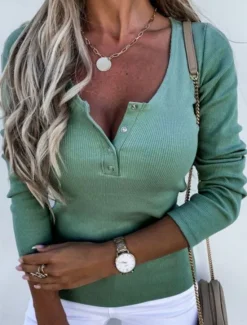 Hot Women's T Shirt Plain Fashion Stylish Basic Long Sleeve Crew Neck Regular Tops Daily Weekend Buttons Black White Green Khaki Summer Women T-Shirts