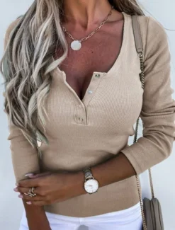 Hot Women's T Shirt Plain Fashion Stylish Basic Long Sleeve Crew Neck Regular Tops Daily Weekend Buttons Black White Green Khaki Summer Women T-Shirts