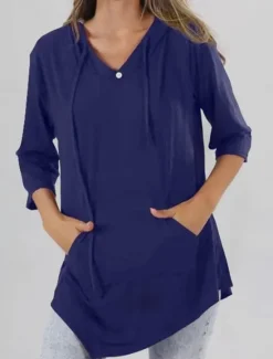 Discount Women's T Shirt Plain Fashion Modern Casual Long Sleeve V Neck Regular Tops Daily Weekend Patchwork Black Red Navy Blue Fall Winter Women Hoodies & Sweatshirts