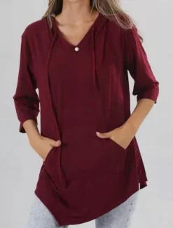 Discount Women's T Shirt Plain Fashion Modern Casual Long Sleeve V Neck Regular Tops Daily Weekend Patchwork Black Red Navy Blue Fall Winter Women Hoodies & Sweatshirts