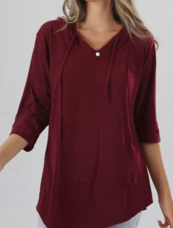 Discount Women's T Shirt Plain Fashion Modern Casual Long Sleeve V Neck Regular Tops Daily Weekend Patchwork Black Red Navy Blue Fall Winter Women Hoodies & Sweatshirts