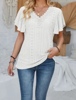 Discount Women's T Shirt Plain Fashion Modern Casual Short Sleeve V Neck Regular Tops Daily Going out Weekend Ruffle White Pink Blue Purple Summer Spring Women T-Shirts