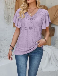 Discount Women's T Shirt Plain Fashion Modern Casual Short Sleeve V Neck Regular Tops Daily Going out Weekend Ruffle White Pink Blue Purple Summer Spring Women T-Shirts