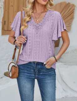 Discount Women's T Shirt Plain Fashion Modern Casual Short Sleeve V Neck Regular Tops Daily Going out Weekend Ruffle White Pink Blue Purple Summer Spring Women T-Shirts