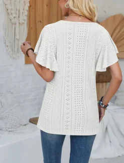 Discount Women's T Shirt Plain Fashion Modern Casual Short Sleeve V Neck Regular Tops Daily Going out Weekend Ruffle White Pink Blue Purple Summer Spring Women T-Shirts