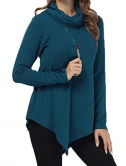 Discount Women's T Shirt Plain Fashion Modern Casual Long Sleeve Pile Neck Regular Tops Daily Weekend Black Dark Green Gray Fall Winter Women Tunic Tops