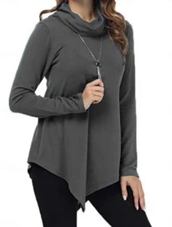 Discount Women's T Shirt Plain Fashion Modern Casual Long Sleeve Pile Neck Regular Tops Daily Weekend Black Dark Green Gray Fall Winter Women Tunic Tops