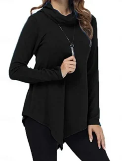 Discount Women's T Shirt Plain Fashion Modern Casual Long Sleeve Pile Neck Regular Tops Daily Weekend Black Dark Green Gray Fall Winter Women Tunic Tops