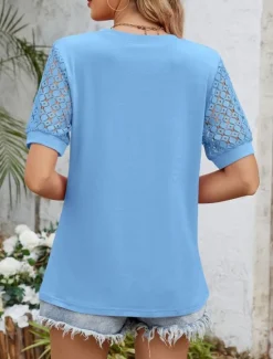 Discount Women's T Shirt Plain Fashion Modern Casual Short Sleeve Crew Neck Regular Tops Daily Weekend Eyelet White Pink Blue Fuchsia Summer Spring Women T-Shirts