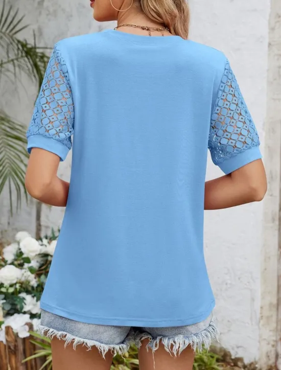 Discount Women's T Shirt Plain Fashion Modern Casual Short Sleeve Crew Neck Regular Tops Daily Weekend Eyelet White Pink Blue Fuchsia Summer Spring Women T-Shirts
