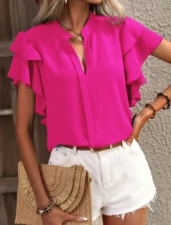 New Women's T Shirt Plain Fashion Modern Casual Short Sleeve Notched Neck Regular Tops Daily Weekend Ruffle Blue Fuchsia Summer Spring Women Blouses & Shirts