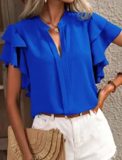 New Women's T Shirt Plain Fashion Modern Casual Short Sleeve Notched Neck Regular Tops Daily Weekend Ruffle Blue Fuchsia Summer Spring Women Blouses & Shirts