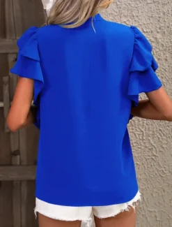 New Women's T Shirt Plain Fashion Modern Casual Short Sleeve Notched Neck Regular Tops Daily Weekend Ruffle Blue Fuchsia Summer Spring Women Blouses & Shirts