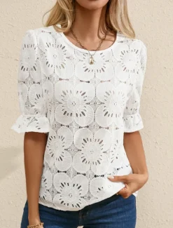 Online Women's T Shirt Plain Fashion Modern Casual Half Sleeve Crew Neck Regular Tops Daily Weekend Ruffle Black White Summer Women Lace Tops