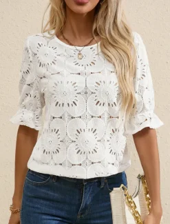 Online Women's T Shirt Plain Fashion Modern Casual Half Sleeve Crew Neck Regular Tops Daily Weekend Ruffle Black White Summer Women Lace Tops