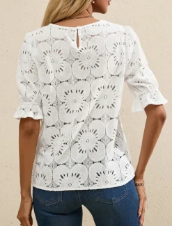 Online Women's T Shirt Plain Fashion Modern Casual Half Sleeve Crew Neck Regular Tops Daily Weekend Ruffle Black White Summer Women Lace Tops