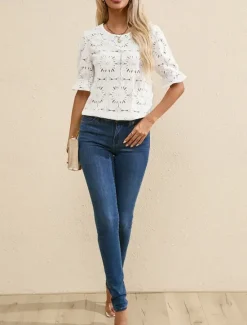Online Women's T Shirt Plain Fashion Modern Casual Half Sleeve Crew Neck Regular Tops Daily Weekend Ruffle Black White Summer Women Lace Tops