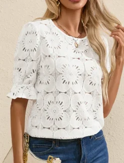 Online Women's T Shirt Plain Fashion Modern Casual Half Sleeve Crew Neck Regular Tops Daily Weekend Ruffle Black White Summer Women Lace Tops