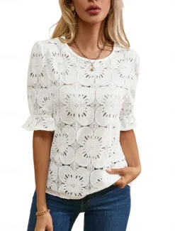 Online Women's T Shirt Plain Fashion Modern Casual Half Sleeve Crew Neck Regular Tops Daily Weekend Ruffle Black White Summer Women Lace Tops