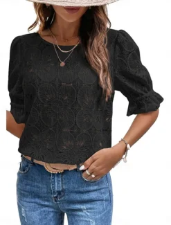 Online Women's T Shirt Plain Fashion Modern Casual Half Sleeve Crew Neck Regular Tops Daily Weekend Ruffle Black White Summer Women Lace Tops