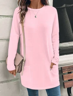 Discount Women's T Shirt Plain Fashion Modern Casual Long Sleeve Crew Neck Regular Tops Daily Weekend Patchwork White Pink Red Fall Winter Women Tunic Tops