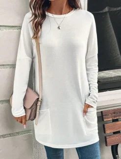 Discount Women's T Shirt Plain Fashion Modern Casual Long Sleeve Crew Neck Regular Tops Daily Weekend Patchwork White Pink Red Fall Winter Women Tunic Tops