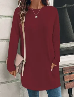 Discount Women's T Shirt Plain Fashion Modern Casual Long Sleeve Crew Neck Regular Tops Daily Weekend Patchwork White Pink Red Fall Winter Women Tunic Tops