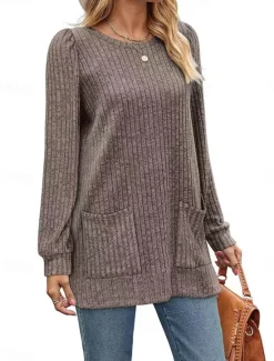 Hot Women's T Shirt Plain Fashion Modern Casual Long Sleeve Crew Neck Regular Tops Daily Weekend Pocket Army Green Brown Gray Fall Winter Women Tunic Tops