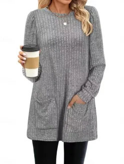 Hot Women's T Shirt Plain Fashion Modern Casual Long Sleeve Crew Neck Regular Tops Daily Weekend Pocket Army Green Brown Gray Fall Winter Women Tunic Tops