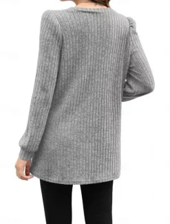 Hot Women's T Shirt Plain Fashion Modern Casual Long Sleeve Crew Neck Regular Tops Daily Weekend Pocket Army Green Brown Gray Fall Winter Women Tunic Tops