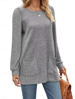 Hot Women's T Shirt Plain Fashion Modern Casual Long Sleeve Crew Neck Regular Tops Daily Weekend Pocket Army Green Brown Gray Fall Winter Women Tunic Tops