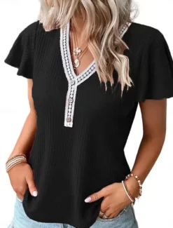 Clearance Women's T Shirt Plain Fashion Modern Casual Short Sleeve V Neck Regular Tops Daily Weekend Patchwork Black White Pink Summer Spring Women T-Shirts