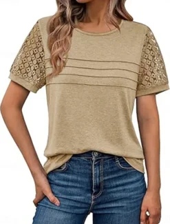 Discount Women's T Shirt Plain Fashion Stylish Classic Short Sleeve Crew Neck Regular Tops Daily Weekend Lace Patchwork Black Pink Wine Khaki Summer Women Lace Tops