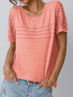 Discount Women's T Shirt Plain Fashion Stylish Classic Short Sleeve Crew Neck Regular Tops Daily Weekend Lace Patchwork Black Pink Wine Khaki Summer Women Lace Tops