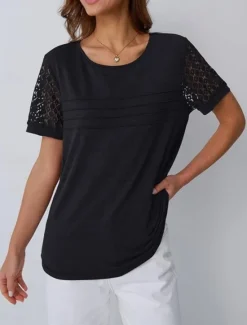 Discount Women's T Shirt Plain Fashion Stylish Classic Short Sleeve Crew Neck Regular Tops Daily Weekend Lace Patchwork Black Pink Wine Khaki Summer Women Lace Tops