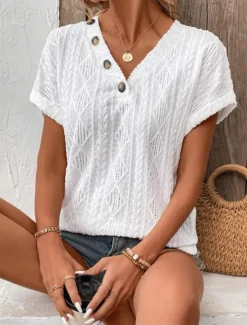 Clearance Women's T Shirt Plain Fashion Modern Casual Short Sleeve V Neck Regular Tops Daily Weekend Buttons White Blue Summer Women Lace Tops