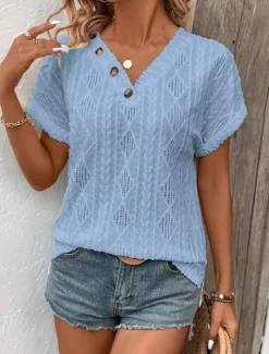 Clearance Women's T Shirt Plain Fashion Modern Casual Short Sleeve V Neck Regular Tops Daily Weekend Buttons White Blue Summer Women Lace Tops