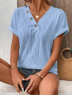 Clearance Women's T Shirt Plain Fashion Modern Casual Short Sleeve V Neck Regular Tops Daily Weekend Buttons White Blue Summer Women Lace Tops
