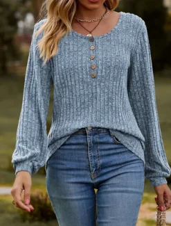 Outlet Women's T Shirt Plain Fashion Modern Casual Long Sleeve Crew Neck Regular Tops Daily Weekend Buttons Pink Blue Khaki Summer Spring Women Blouses & Shirts