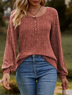 Outlet Women's T Shirt Plain Fashion Modern Casual Long Sleeve Crew Neck Regular Tops Daily Weekend Buttons Pink Blue Khaki Summer Spring Women Blouses & Shirts