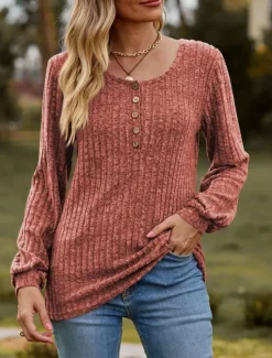 Outlet Women's T Shirt Plain Fashion Modern Casual Long Sleeve Crew Neck Regular Tops Daily Weekend Buttons Pink Blue Khaki Summer Spring Women Blouses & Shirts