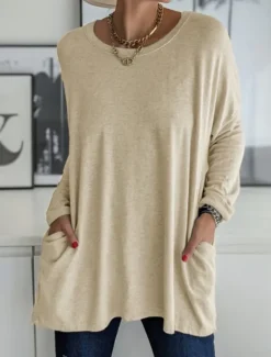Discount Women's T Shirt Plain Fashion Long Sleeve Round Neck Regular Tops Daily Weekend Pocket Black White Pink Khaki Gray Spring & Fall Spring, Fall, Winter, Summer Women Tunic Tops