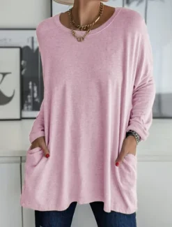 Discount Women's T Shirt Plain Fashion Long Sleeve Round Neck Regular Tops Daily Weekend Pocket Black White Pink Khaki Gray Spring & Fall Spring, Fall, Winter, Summer Women Tunic Tops