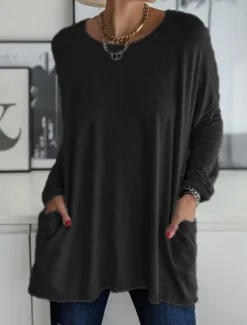 Discount Women's T Shirt Plain Fashion Long Sleeve Round Neck Regular Tops Daily Weekend Pocket Black White Pink Khaki Gray Spring & Fall Spring, Fall, Winter, Summer Women Tunic Tops