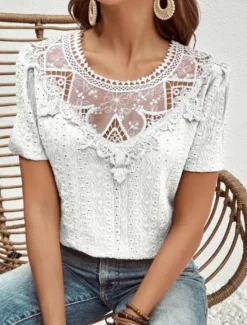 Online Women's T Shirt Plain Fashion Modern Casual Short Sleeve Crew Neck Regular Tops Daily Weekend Lace Patchwork Black White Pink Blue Khaki Summer Women Lace Tops